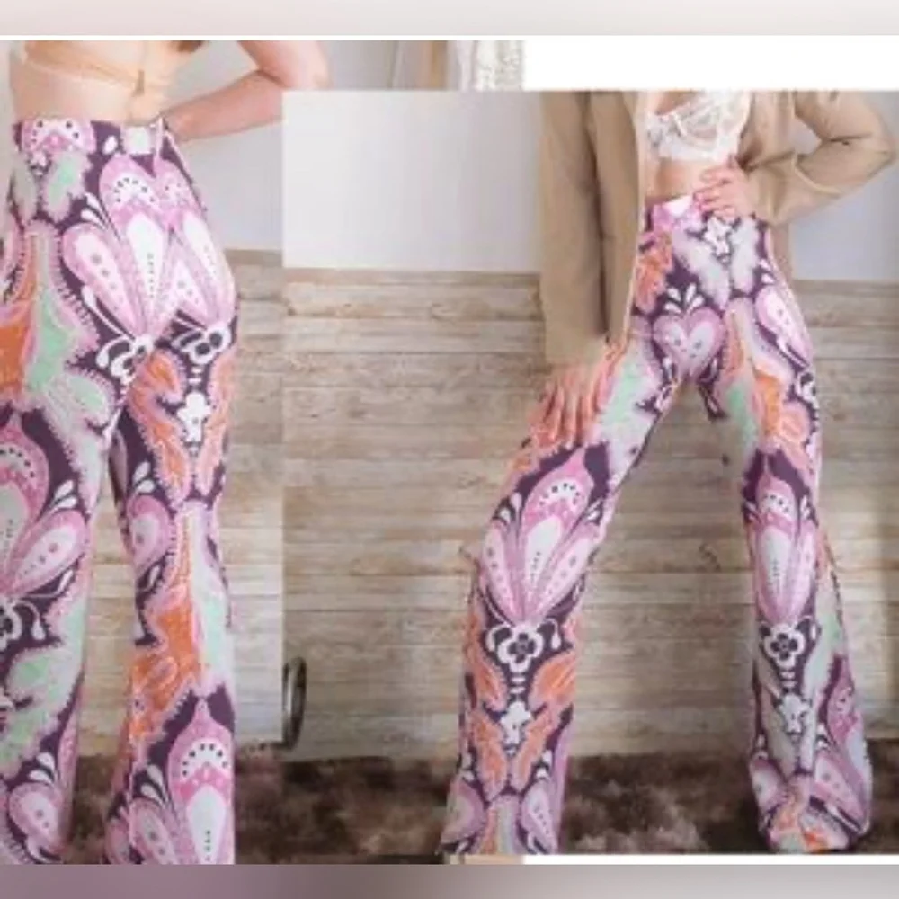 Zara Floral Print Linen Cotton Flare High Waist Trouser pants long tall
